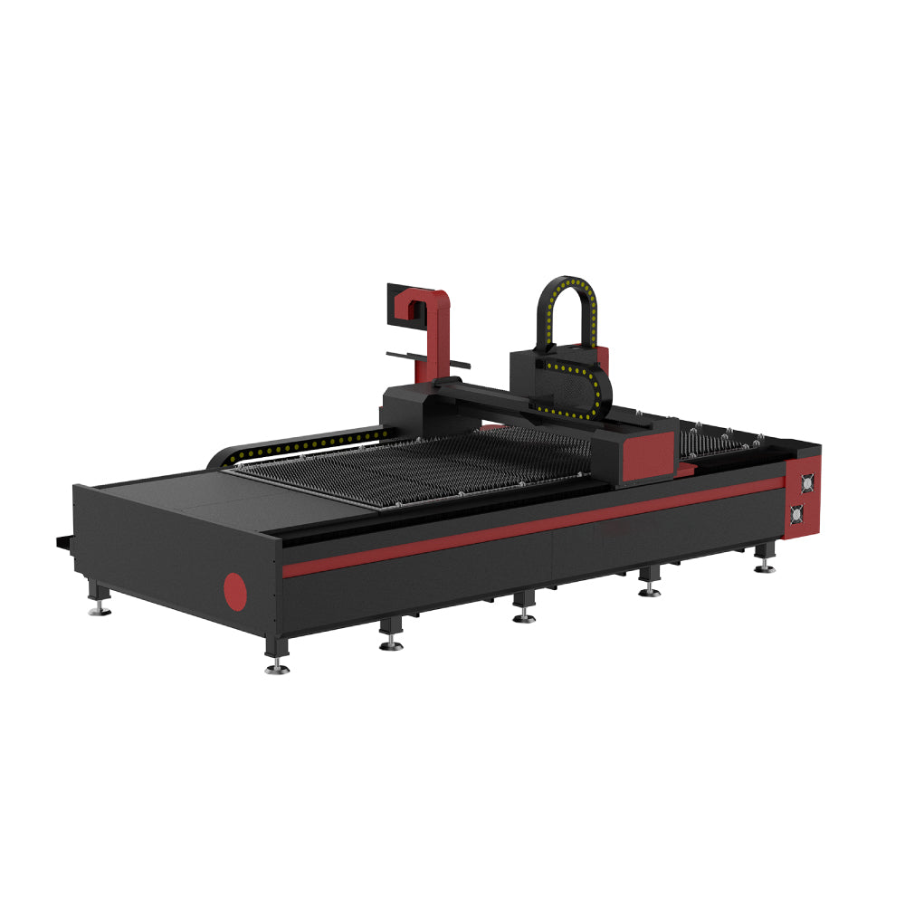 Rear view showing the open worktable, bed and gantry of the fiber laser cutter