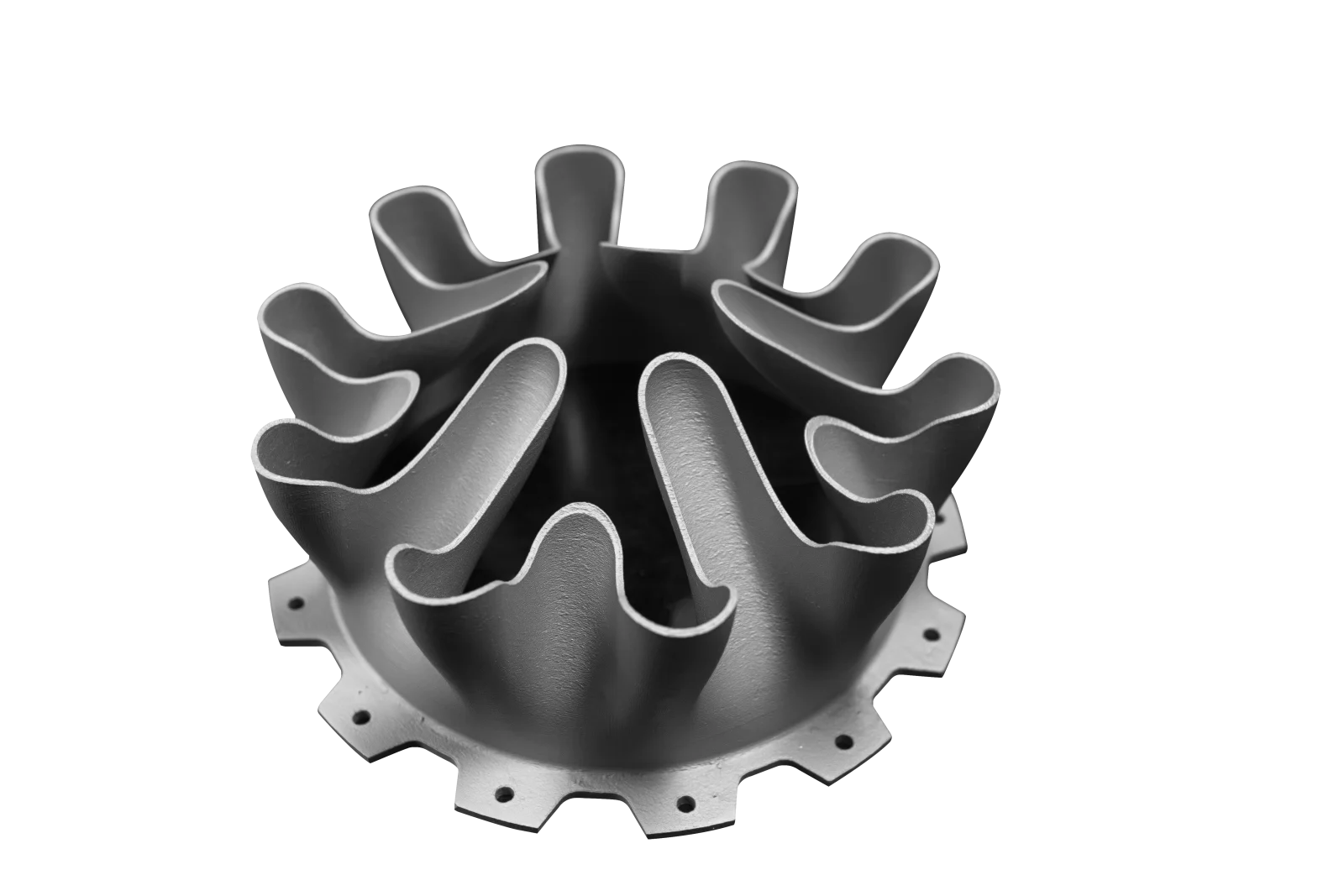 Industrial metal component with curved channels on a light background