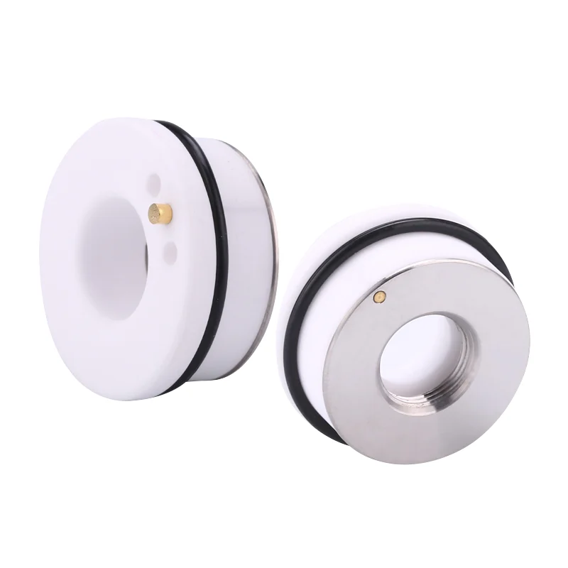 Front and rear views of ceramic rings with metal threaded inserts