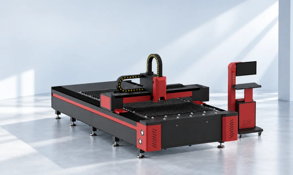 FONLAND open-bed fiber laser cutter and separate operator console in a studio setting