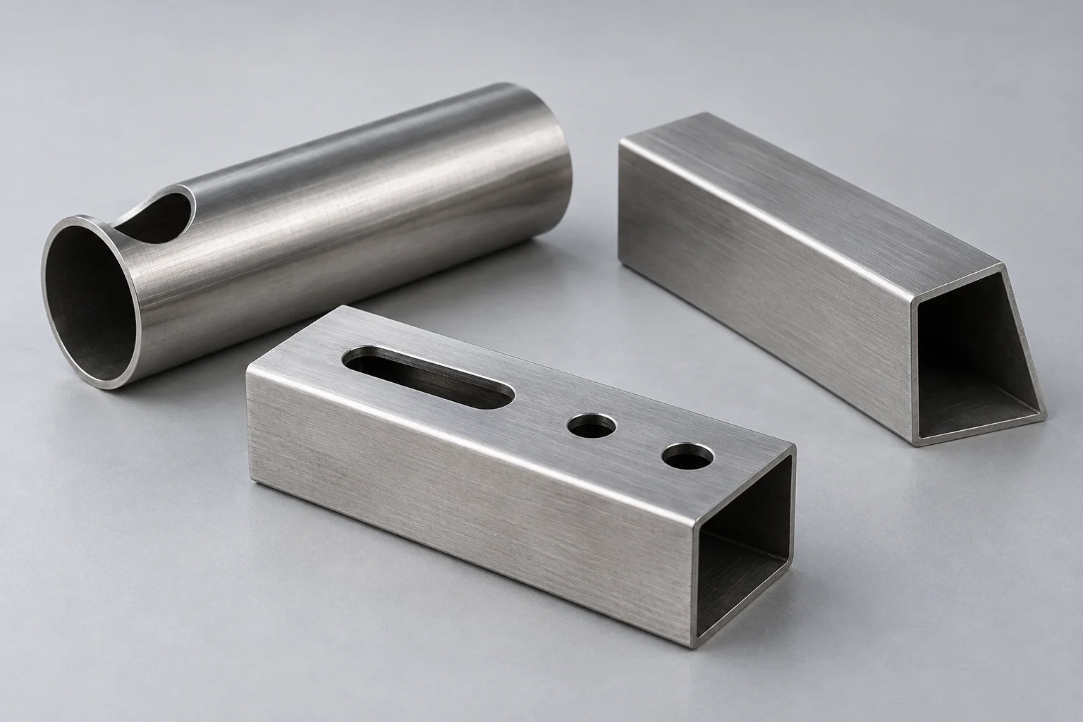 AI illustration of hollow metal tube sections with a slot, round holes and shaped ends