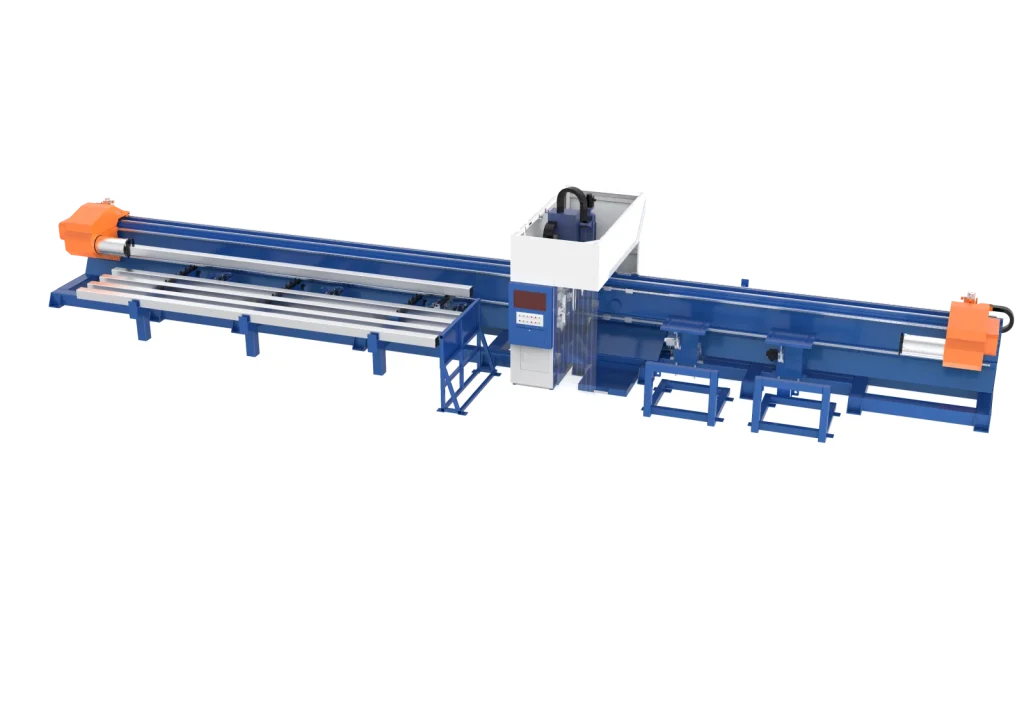 Front view showing the tube cutter control station, chucks and tube supports